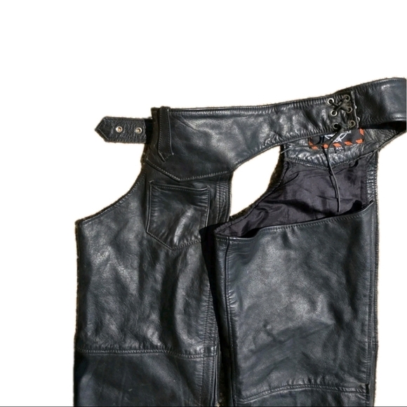 Vintage Interstate Leather Black Leather Motorcycle Biker Chaps Sz XXLARGE Flaws - Picture 3 of 13